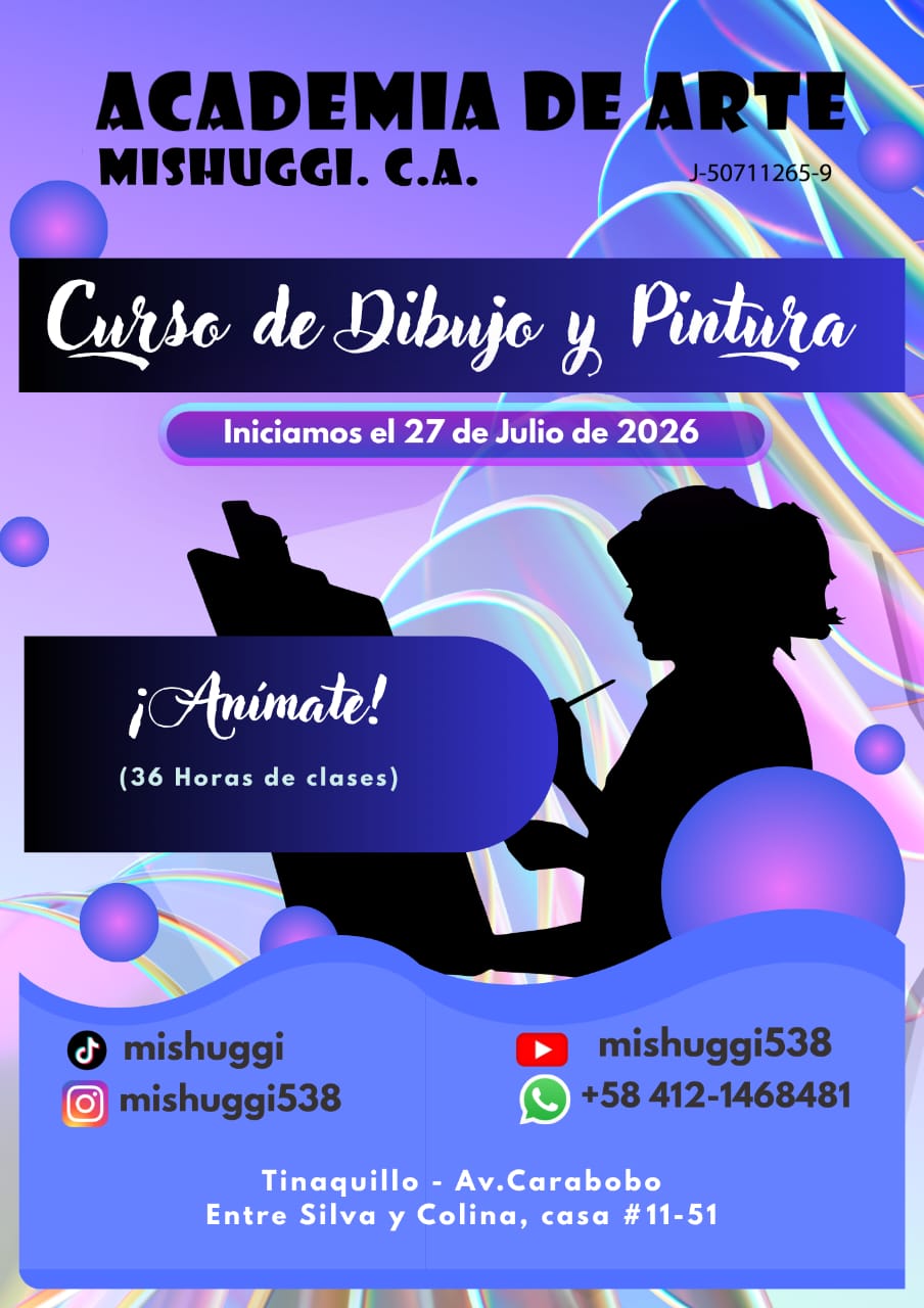 Flyer promocional de la Academia de Arte Mishuggi con información de contacto y curso de Dibujo y Pintura